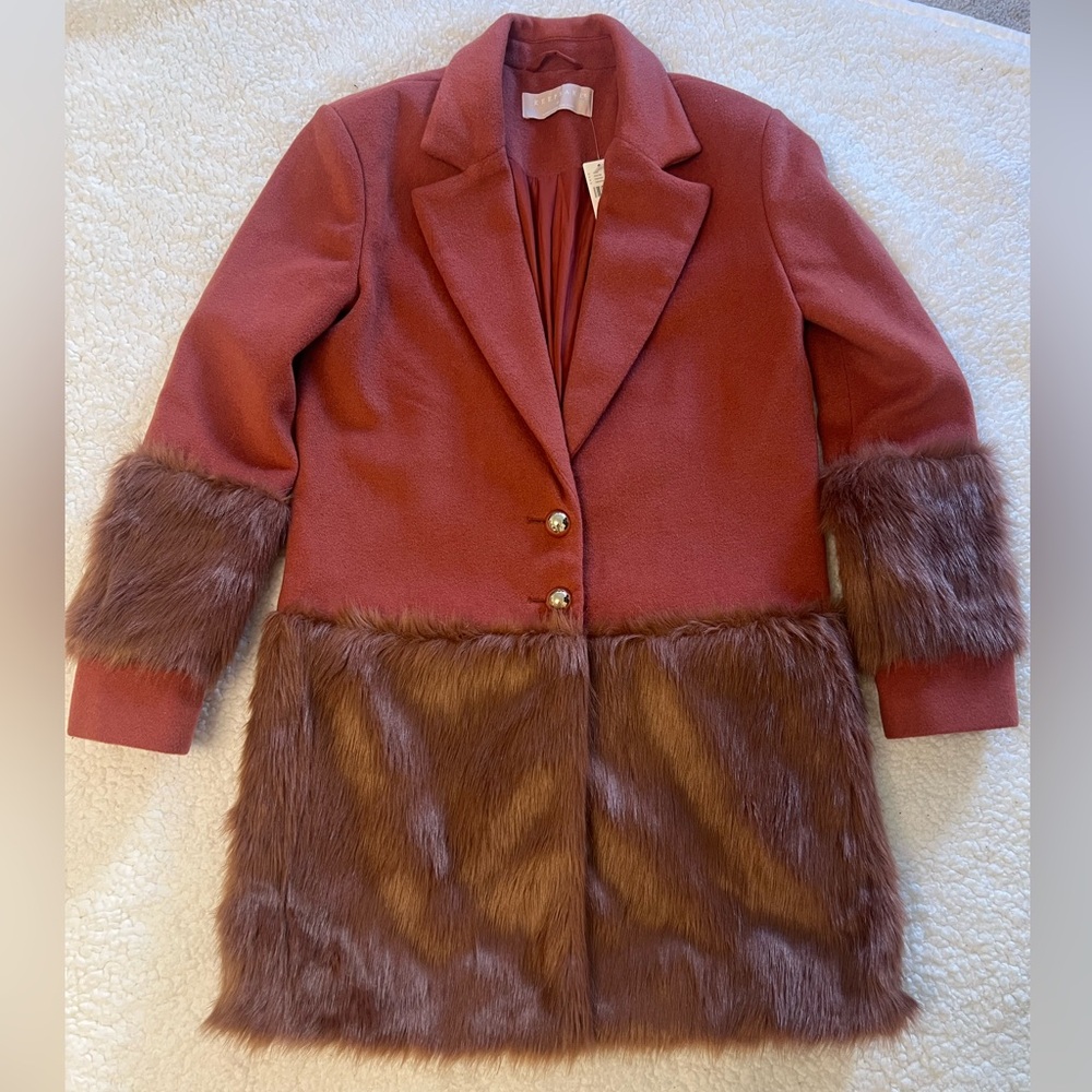 NWT Anthropologie Keepsake Burnt Orange  Faux Fur Trim Coat (XSP)